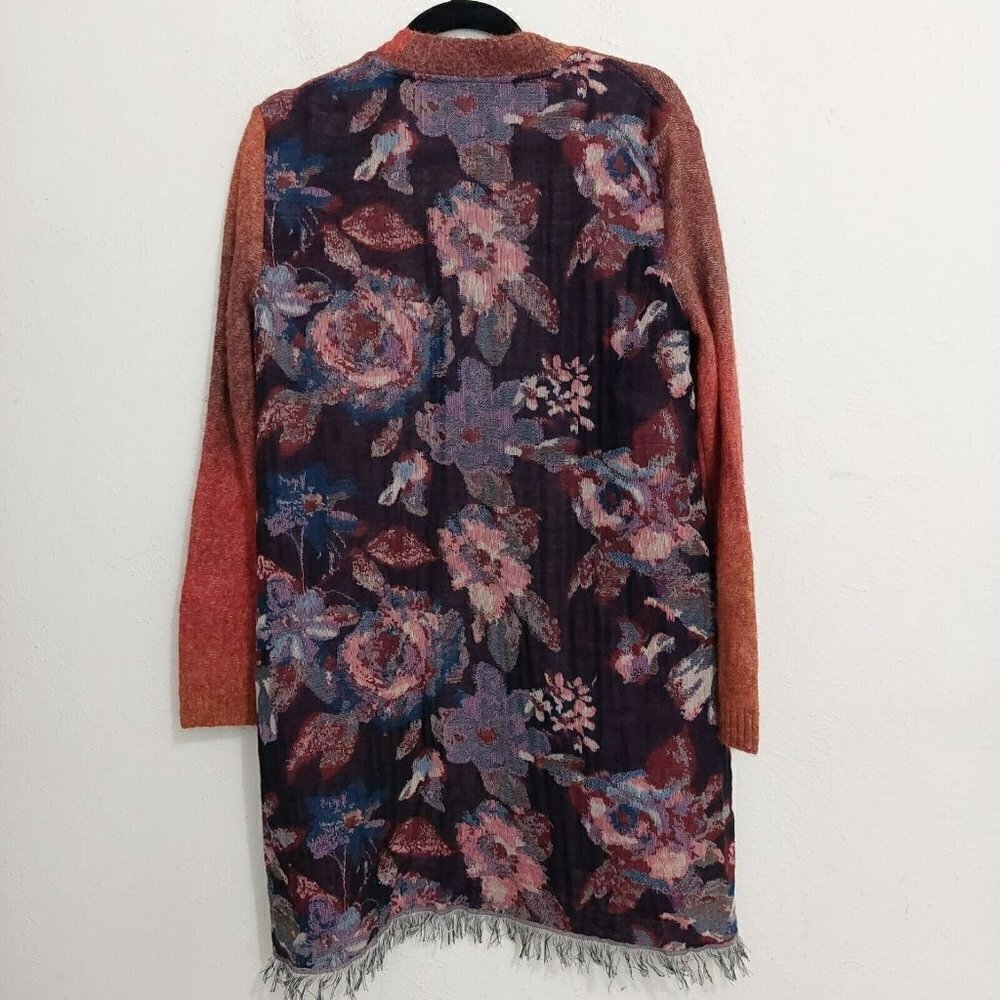 John Mark Open Duster Cardigan Sweater OMBRE Front FLORAL FRINGE Back Boho Sz S